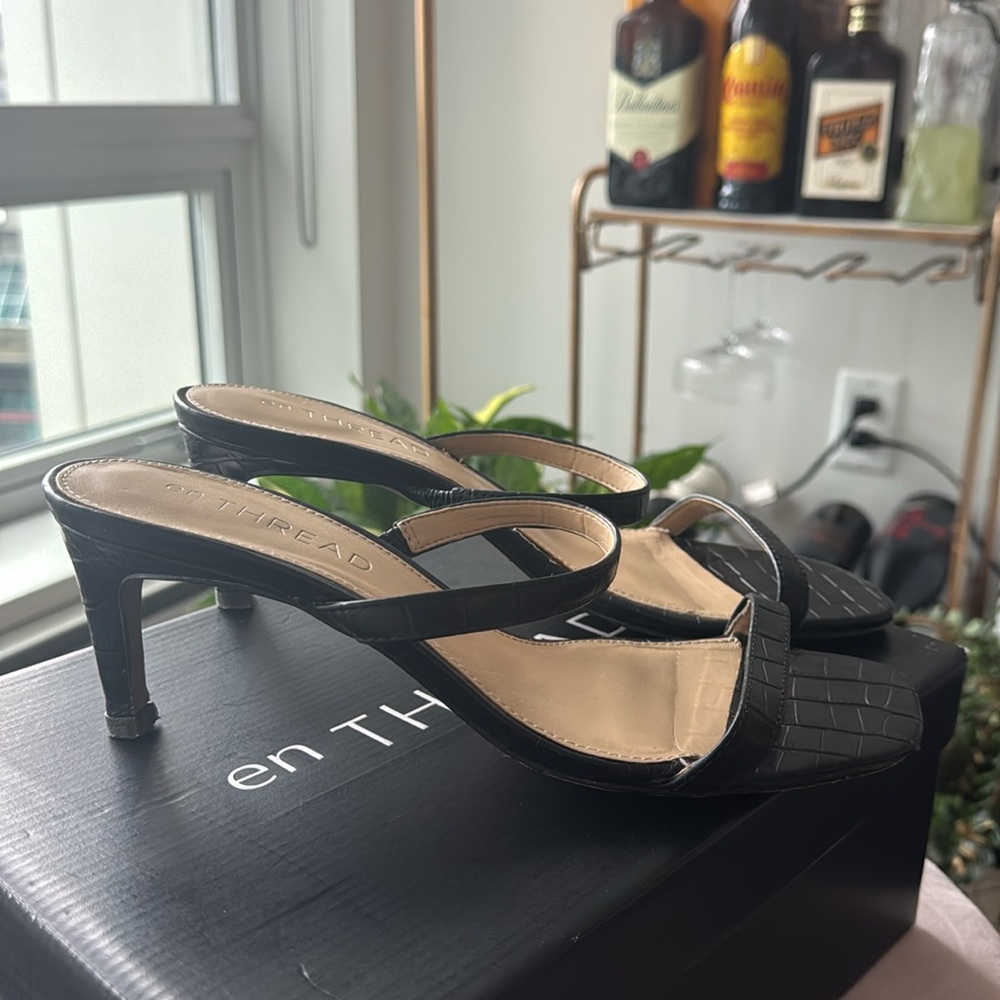 Black Textured Slip-On Sandals with Strap